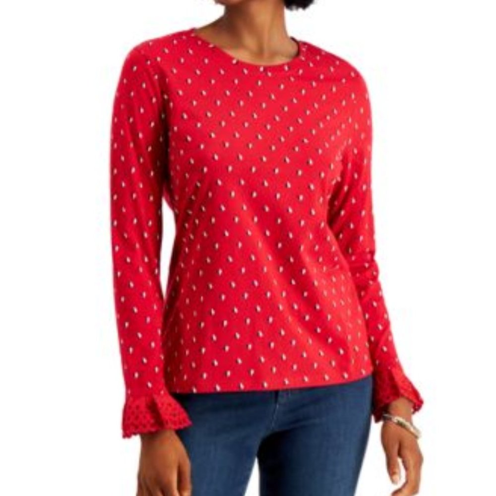 NWT Charter Club Ruffle Sleeve Bi-Color Heart Top - Picture 2 of 4